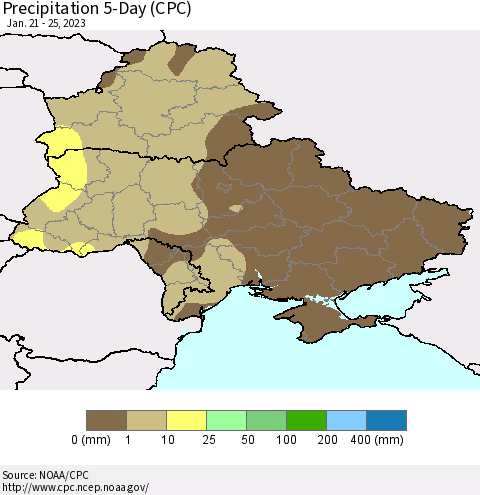 Ukraine, Moldova and Belarus Precipitation 5-Day (CPC) Thematic Map For 1/21/2023 - 1/25/2023