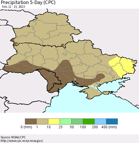 Ukraine, Moldova and Belarus Precipitation 5-Day (CPC) Thematic Map For 2/11/2023 - 2/15/2023