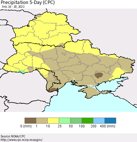 Ukraine, Moldova and Belarus Precipitation 5-Day (CPC) Thematic Map For 2/16/2023 - 2/20/2023