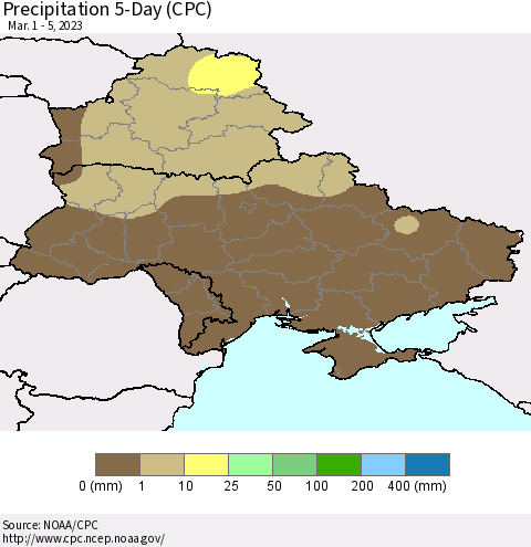 Ukraine, Moldova and Belarus Precipitation 5-Day (CPC) Thematic Map For 3/1/2023 - 3/5/2023
