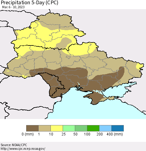 Ukraine, Moldova and Belarus Precipitation 5-Day (CPC) Thematic Map For 3/6/2023 - 3/10/2023
