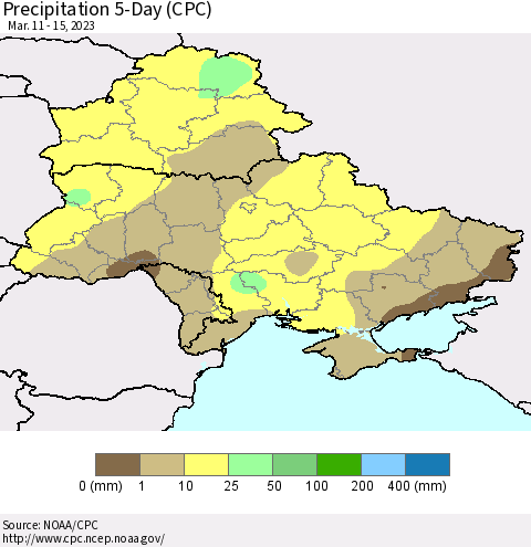 Ukraine, Moldova and Belarus Precipitation 5-Day (CPC) Thematic Map For 3/11/2023 - 3/15/2023