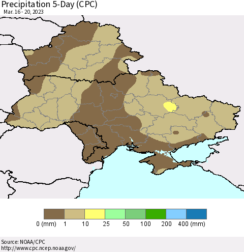 Ukraine, Moldova and Belarus Precipitation 5-Day (CPC) Thematic Map For 3/16/2023 - 3/20/2023