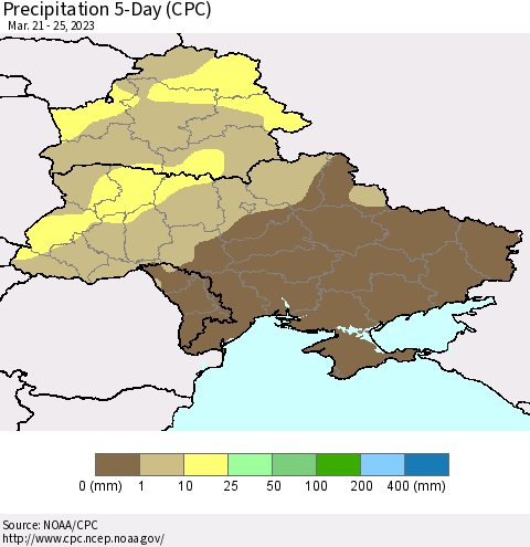 Ukraine, Moldova and Belarus Precipitation 5-Day (CPC) Thematic Map For 3/21/2023 - 3/25/2023