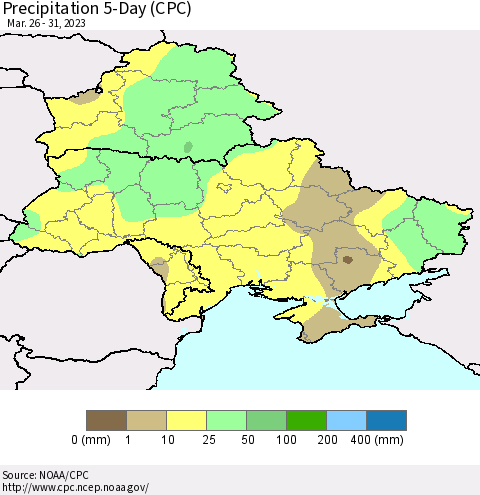 Ukraine, Moldova and Belarus Precipitation 5-Day (CPC) Thematic Map For 3/26/2023 - 3/31/2023