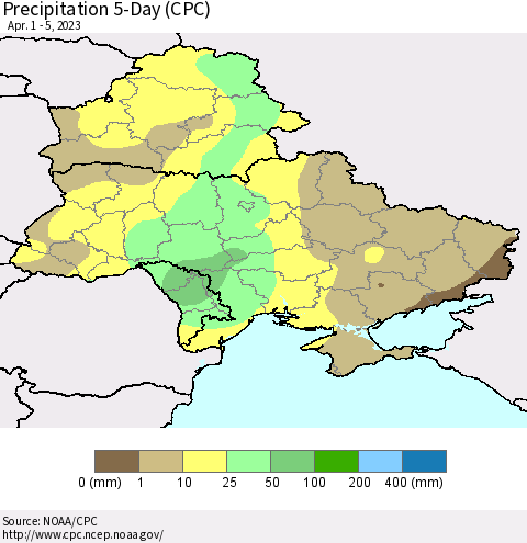 Ukraine, Moldova and Belarus Precipitation 5-Day (CPC) Thematic Map For 4/1/2023 - 4/5/2023