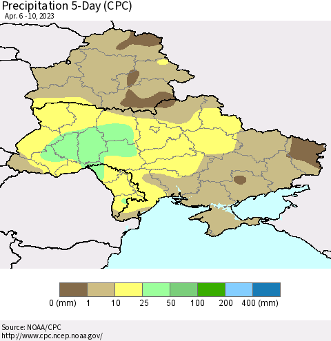 Ukraine, Moldova and Belarus Precipitation 5-Day (CPC) Thematic Map For 4/6/2023 - 4/10/2023