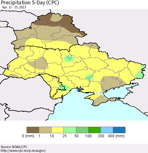 Ukraine, Moldova and Belarus Precipitation 5-Day (CPC) Thematic Map For 4/11/2023 - 4/15/2023