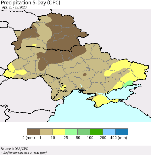 Ukraine, Moldova and Belarus Precipitation 5-Day (CPC) Thematic Map For 4/21/2023 - 4/25/2023