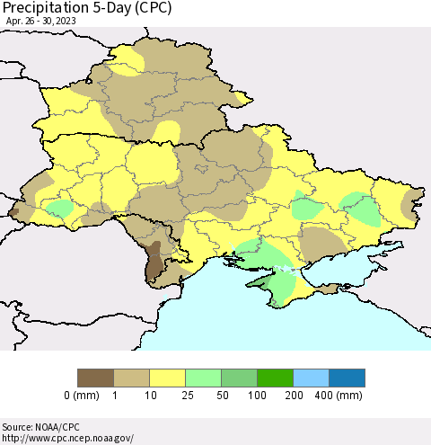 Ukraine, Moldova and Belarus Precipitation 5-Day (CPC) Thematic Map For 4/26/2023 - 4/30/2023