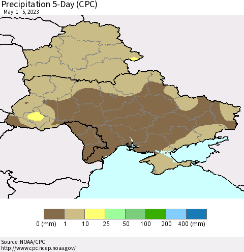 Ukraine, Moldova and Belarus Precipitation 5-Day (CPC) Thematic Map For 5/1/2023 - 5/5/2023