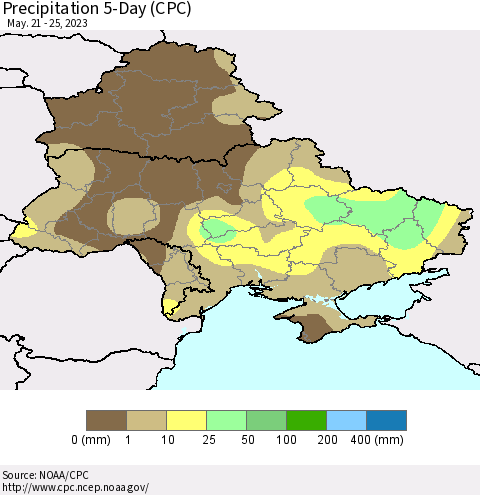 Ukraine, Moldova and Belarus Precipitation 5-Day (CPC) Thematic Map For 5/21/2023 - 5/25/2023