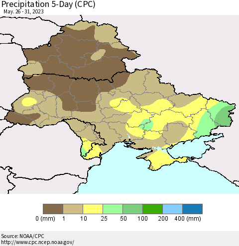 Ukraine, Moldova and Belarus Precipitation 5-Day (CPC) Thematic Map For 5/26/2023 - 5/31/2023