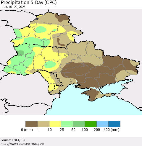 Ukraine, Moldova and Belarus Precipitation 5-Day (CPC) Thematic Map For 6/16/2023 - 6/20/2023