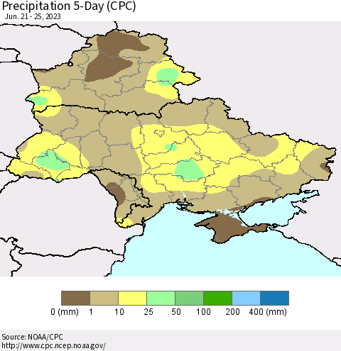 Ukraine, Moldova and Belarus Precipitation 5-Day (CPC) Thematic Map For 6/21/2023 - 6/25/2023