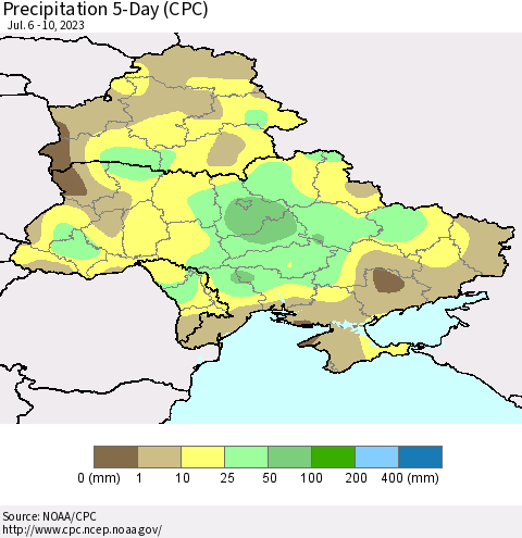 Ukraine, Moldova and Belarus Precipitation 5-Day (CPC) Thematic Map For 7/6/2023 - 7/10/2023