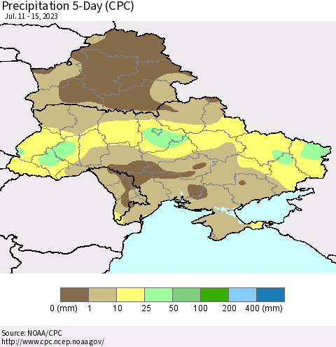 Ukraine, Moldova and Belarus Precipitation 5-Day (CPC) Thematic Map For 7/11/2023 - 7/15/2023