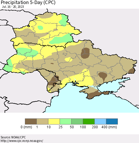 Ukraine, Moldova and Belarus Precipitation 5-Day (CPC) Thematic Map For 7/16/2023 - 7/20/2023
