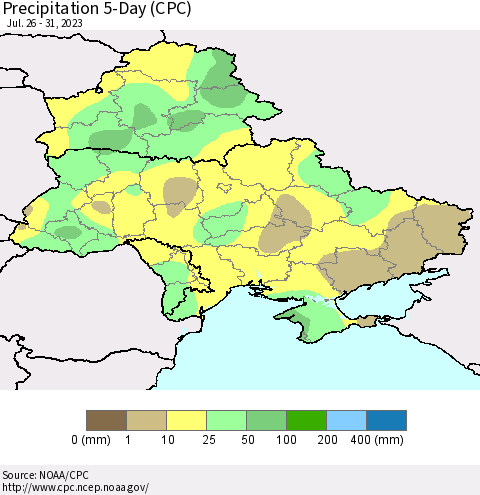 Ukraine, Moldova and Belarus Precipitation 5-Day (CPC) Thematic Map For 7/26/2023 - 7/31/2023