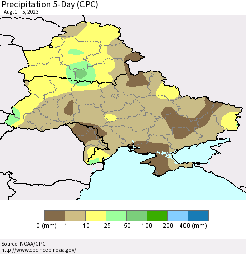 Ukraine, Moldova and Belarus Precipitation 5-Day (CPC) Thematic Map For 8/1/2023 - 8/5/2023