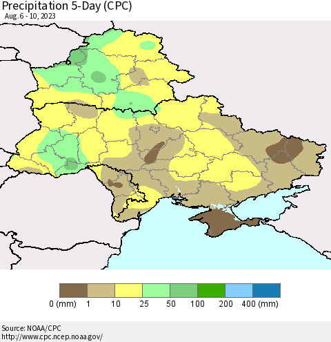 Ukraine, Moldova and Belarus Precipitation 5-Day (CPC) Thematic Map For 8/6/2023 - 8/10/2023