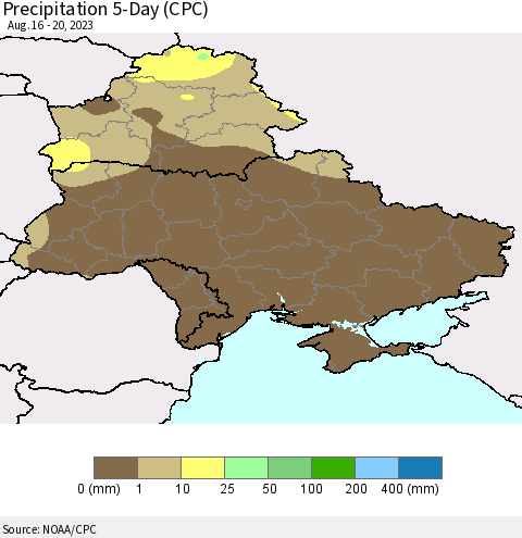 Ukraine, Moldova and Belarus Precipitation 5-Day (CPC) Thematic Map For 8/16/2023 - 8/20/2023