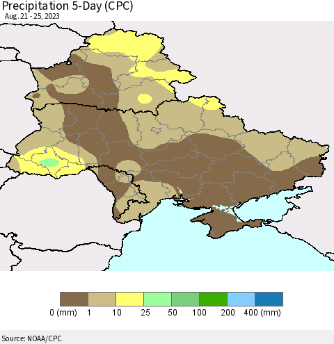 Ukraine, Moldova and Belarus Precipitation 5-Day (CPC) Thematic Map For 8/21/2023 - 8/25/2023