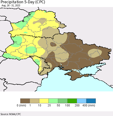 Ukraine, Moldova and Belarus Precipitation 5-Day (CPC) Thematic Map For 8/26/2023 - 8/31/2023