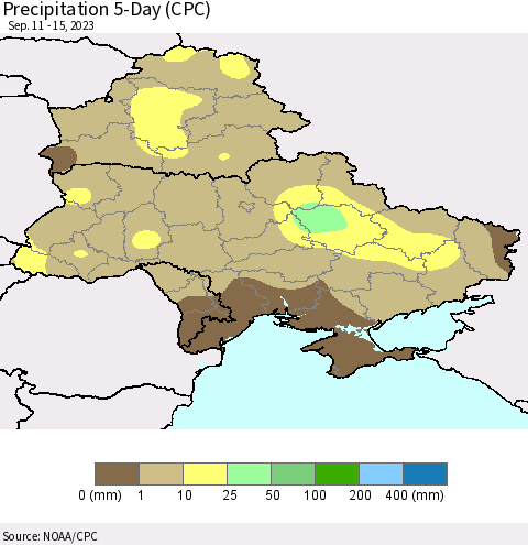 Ukraine, Moldova and Belarus Precipitation 5-Day (CPC) Thematic Map For 9/11/2023 - 9/15/2023