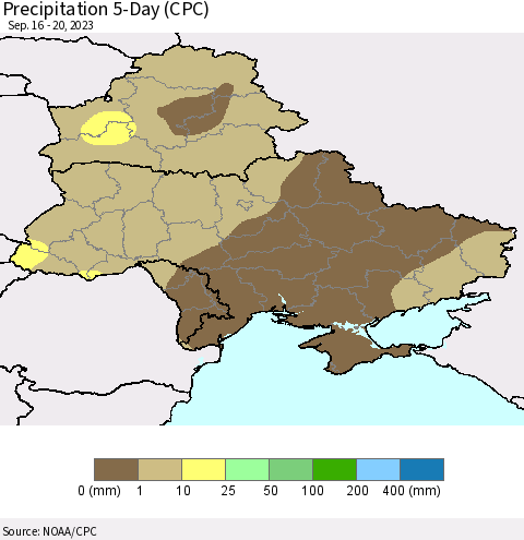 Ukraine, Moldova and Belarus Precipitation 5-Day (CPC) Thematic Map For 9/16/2023 - 9/20/2023