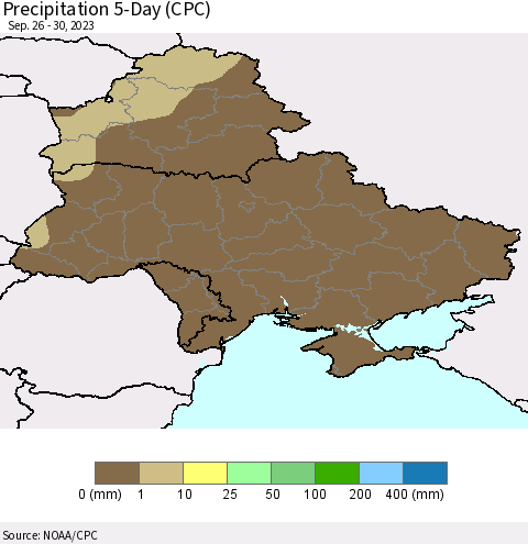 Ukraine, Moldova and Belarus Precipitation 5-Day (CPC) Thematic Map For 9/26/2023 - 9/30/2023