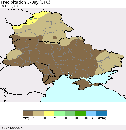 Ukraine, Moldova and Belarus Precipitation 5-Day (CPC) Thematic Map For 10/1/2023 - 10/5/2023