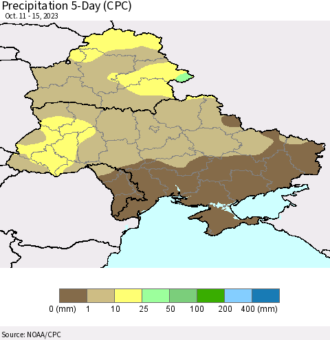 Ukraine, Moldova and Belarus Precipitation 5-Day (CPC) Thematic Map For 10/11/2023 - 10/15/2023