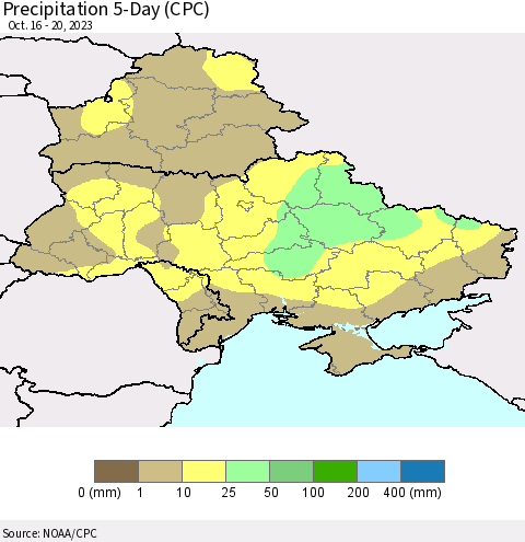 Ukraine, Moldova and Belarus Precipitation 5-Day (CPC) Thematic Map For 10/16/2023 - 10/20/2023
