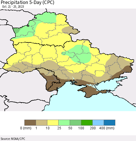 Ukraine, Moldova and Belarus Precipitation 5-Day (CPC) Thematic Map For 10/21/2023 - 10/25/2023