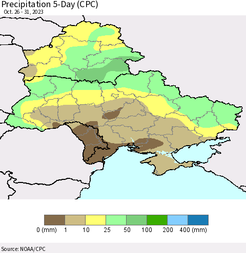 Ukraine, Moldova and Belarus Precipitation 5-Day (CPC) Thematic Map For 10/26/2023 - 10/31/2023