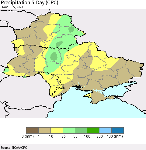Ukraine, Moldova and Belarus Precipitation 5-Day (CPC) Thematic Map For 11/1/2023 - 11/5/2023