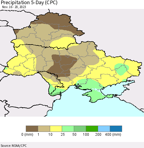 Ukraine, Moldova and Belarus Precipitation 5-Day (CPC) Thematic Map For 11/16/2023 - 11/20/2023