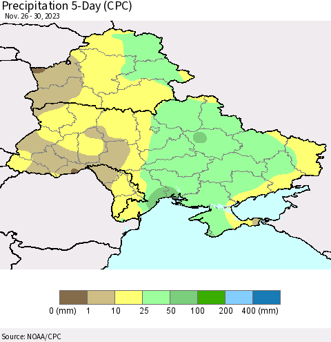 Ukraine, Moldova and Belarus Precipitation 5-Day (CPC) Thematic Map For 11/26/2023 - 11/30/2023