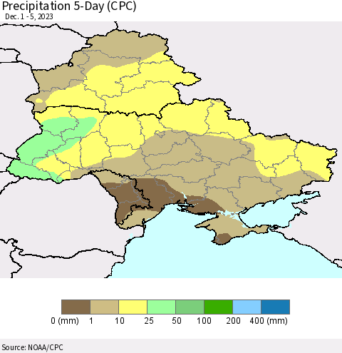 Ukraine, Moldova and Belarus Precipitation 5-Day (CPC) Thematic Map For 12/1/2023 - 12/5/2023