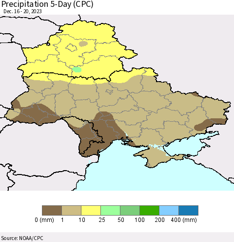 Ukraine, Moldova and Belarus Precipitation 5-Day (CPC) Thematic Map For 12/16/2023 - 12/20/2023