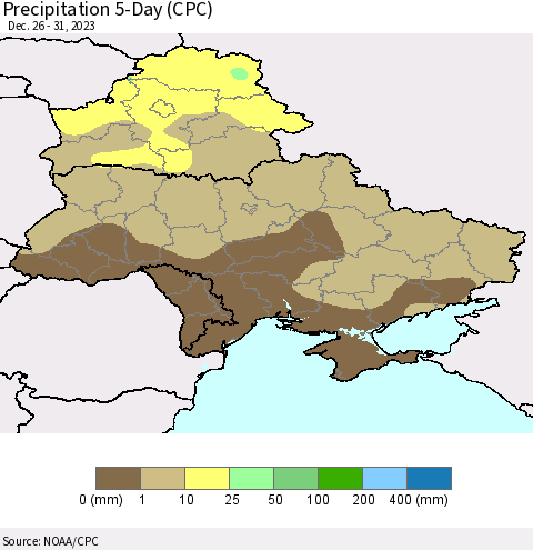 Ukraine, Moldova and Belarus Precipitation 5-Day (CPC) Thematic Map For 12/26/2023 - 12/31/2023