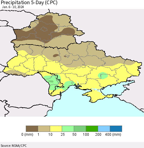 Ukraine, Moldova and Belarus Precipitation 5-Day (CPC) Thematic Map For 1/6/2024 - 1/10/2024