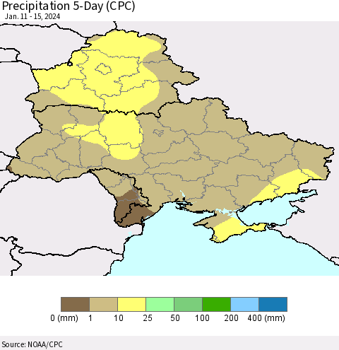 Ukraine, Moldova and Belarus Precipitation 5-Day (CPC) Thematic Map For 1/11/2024 - 1/15/2024