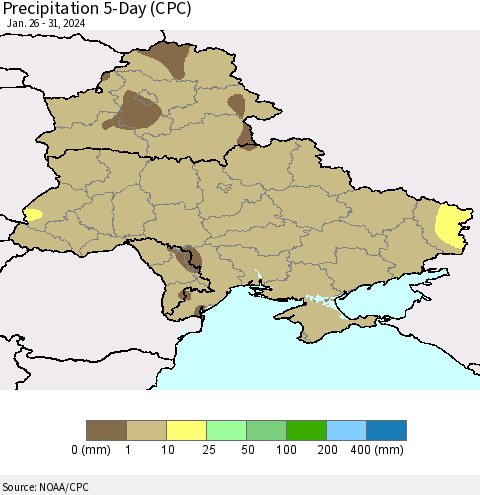 Ukraine, Moldova and Belarus Precipitation 5-Day (CPC) Thematic Map For 1/26/2024 - 1/31/2024