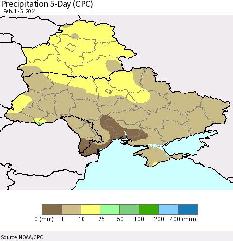 Ukraine, Moldova and Belarus Precipitation 5-Day (CPC) Thematic Map For 2/1/2024 - 2/5/2024