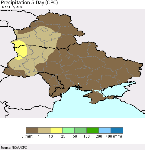Ukraine, Moldova and Belarus Precipitation 5-Day (CPC) Thematic Map For 3/1/2024 - 3/5/2024