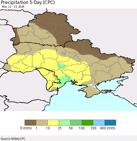 Ukraine, Moldova and Belarus Precipitation 5-Day (CPC) Thematic Map For 3/11/2024 - 3/15/2024
