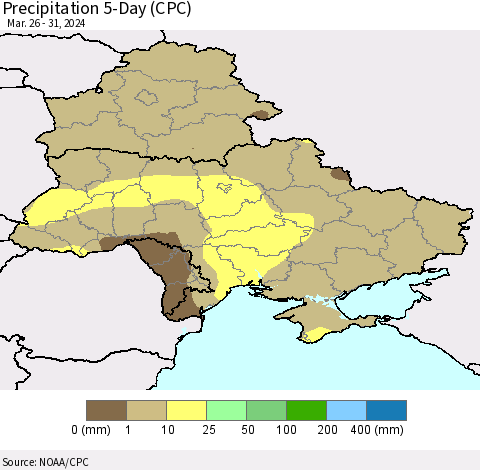Ukraine, Moldova and Belarus Precipitation 5-Day (CPC) Thematic Map For 3/26/2024 - 3/31/2024