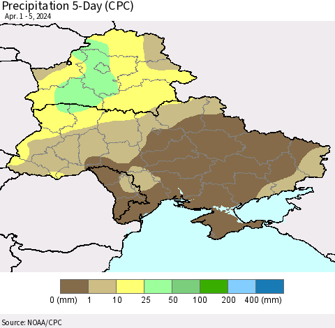 Ukraine, Moldova and Belarus Precipitation 5-Day (CPC) Thematic Map For 4/1/2024 - 4/5/2024